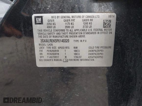 2015 GMC Terrain SLE with VIN 2GKALREK5F6140320, listed as a IAAI auction lot 42072920 with 172,285 mi miles and . Bid and sale history available at DreamBid. Image 9.