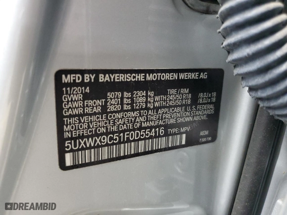 2015 BMW X3 xDrive28i with VIN 5UXWX9C51F0D55416, listed as a Copart auction lot 54356815 with 159,114 mi miles and Clean Title. Bid and sale history available at carsss.com. Image 13.