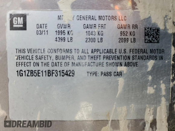 2011 Chevrolet Malibu 1LS with VIN 1G1ZB5E11BF315429, listed as a Copart auction lot 48770275 with 150,219 mi miles and Clean Title. Bid and sale history available at DreamBid. Image 14.