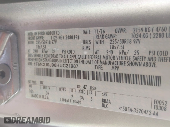 2017 Ford Escape Titanium with VIN 1FMCU0J96HUC21987, listed as a IAAI auction lot 41971376 with 97,488 mi miles and . Bid and sale history available at DreamBid. Image 9.