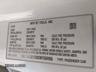 2021 Tesla Model 3 Long Range with VIN 5YJ3E1EBXMF868965, listed as a IAAI auction lot 41548119 with 43,087 mi miles and . Bid and sale history available at DreamBid. Image 9.
