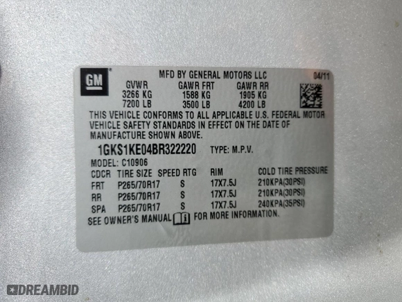 2011 GMC Yukon XL SLT with VIN 1GKS1KE04BR322220, listed as a Copart auction lot 73423994 with 165,506 mi miles and Salvage Title. Bid and sale history available at carsss.com. Image 13.