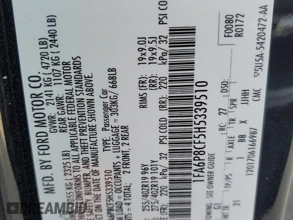 2017 Ford Mustang GT z VIN 1FA6P8CF5H5339510, wystawiony jako Copart lot #58692705 z przebiegiem 48 438 mil mil oraz Szkoda całkowita • Salvage title. Historia ofert i sprzedaży dostępna na DreamBid. Obrazek 12.