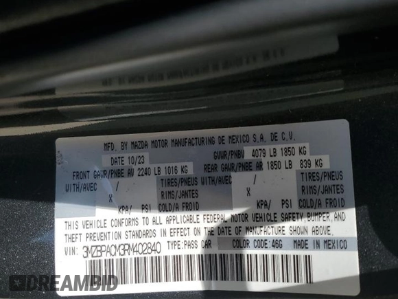2024 Mazda 3 S Preferred с VIN 3MZBPACM3RM402840, выставлен на аукционе Copart как лот 60490705 с пробегом 31 058 миль миль и На запчасти • Non repairable. История ставок и продаж доступна на DreamBid. Изображение 12.