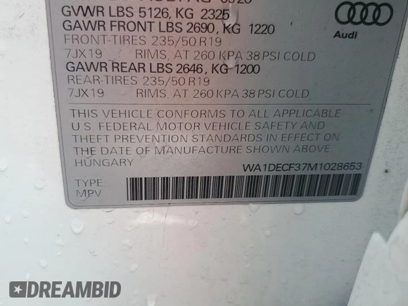 2021 Audi Q3 S line Premium with VIN WA1DECF37M1028653, listed as a Copart auction lot 61348155 with 42,322 mi miles and Salvage title. Bid and sale history available at DreamBid. Image 12.