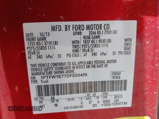 2013 Ford F-150 XL with VIN 1FTFW1ET7DFE03459, listed as a IAAI auction lot 42068343 with 86,753 mi miles and . Bid and sale history available at DreamBid. Image 9.