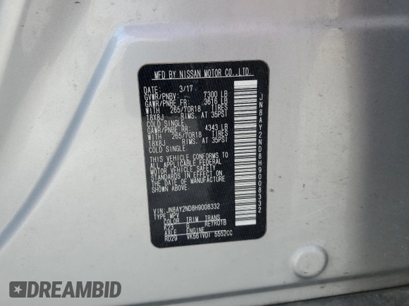 2017 Nissan Armada SV with VIN JN8AY2ND8H9008332, listed as a Copart auction lot 52543334 with Not Provided miles. Bid and sale history available at carsss.com. Image 13.