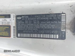 2011 MINI Hardtop with VIN WMWSU3C5XBT092450, listed as a IAAI auction lot 42409929 with 168,528 mi miles and . Bid and sale history available at DreamBid. Image 9.