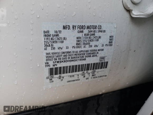 2022 Ford Explorer XLT with VIN 1FMSK8DH9NGC15548, listed as a Copart auction lot 77819694 with 23,087 mi miles and Salvage Title. Bid and sale history available at DreamBid. Image 13.
