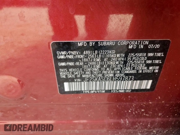2020 Subaru Forester Limited with VIN JF2SKASC6LH597873, listed as a Copart auction lot 61239535 with 25,109 mi miles and Salvage title. Bid and sale history available at DreamBid. Image 13.