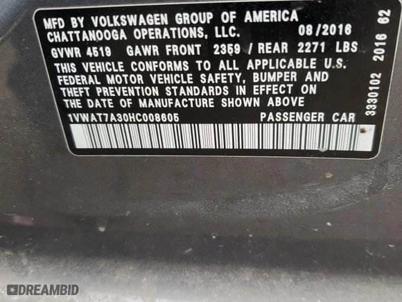 2017 Volkswagen Passat 1.8T S with VIN 1VWAT7A30HC008605, listed as a Copart auction lot 46141915 with 128,358 mi miles and Salvage Title. Bid and sale history available at carsss.com. Image 12.
