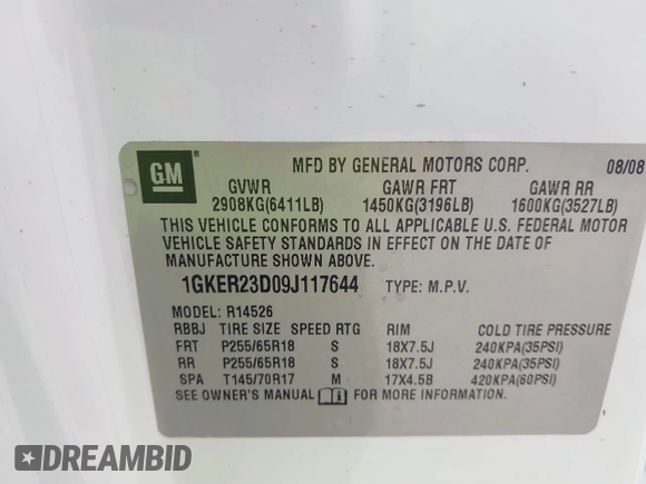 2009 GMC Acadia SLT1 with VIN 1GKER23D09J117644, listed as a IAAI auction lot 42041513 with 217,888 mi miles. Bid and sale history available at carsss.com. Image 9.