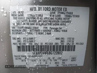 2008 Ford Taurus SEL with VIN 1FAHP24W68G122802, listed as a IAAI auction lot 42020217 with 168,265 mi miles. Bid and sale history available at carsss.com. Image 9.