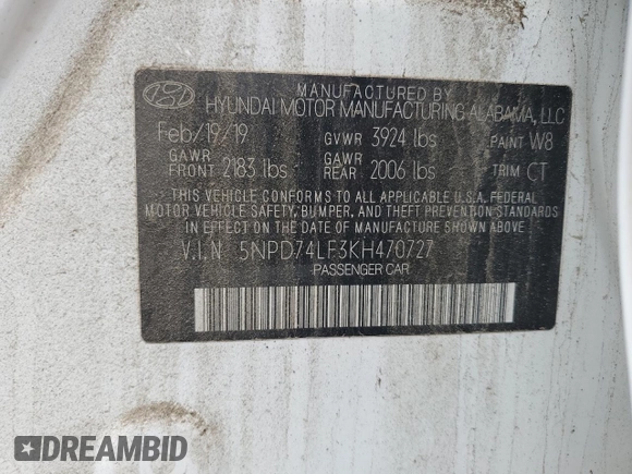 2019 Hyundai Elantra SE with VIN 5NPD74LF3KH470727, listed as a Copart auction lot 55707545 with 45,154 mi miles and Clean Title. Bid and sale history available at DreamBid. Image 12.