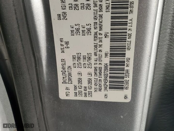2006 Chrysler Town & Country SWB with VIN 1A4GP45R46B728064, listed as a Copart auction lot 75444194 with 158,328 mi miles and Salvage Title. Bid and sale history available at carsss.com. Image 13.