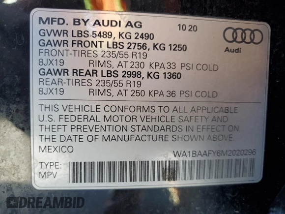 2021 Audi Q5 Premium Plus with VIN WA1BAAFY6M2020296, listed as a Copart auction lot 56736205 with 75,955 mi miles and Salvage title. Bid and sale history available at DreamBid. Image 13.