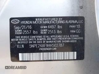 2017 Hyundai Sonata SE with VIN 5NPE24AF9HH502787, listed as a IAAI auction lot 42088941 with 123,511 mi miles. Bid and sale history available at carsss.com. Image 9.