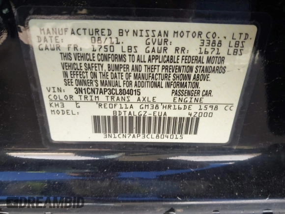 2012 Nissan Versa SL with VIN 3N1CN7AP3CL804015, listed as a IAAI auction lot 41691980 with 106,904 mi miles. Bid and sale history available at carsss.com. Image 9.