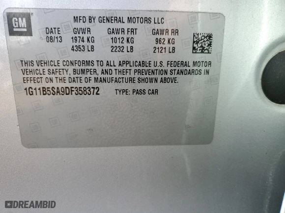 2013 Chevrolet Malibu LS with VIN 1G11B5SA9DF358372, listed as a Copart auction lot 39983783 with 281,390 mi miles and Salvage Title. Bid and sale history available at carsss.com. Image 13.