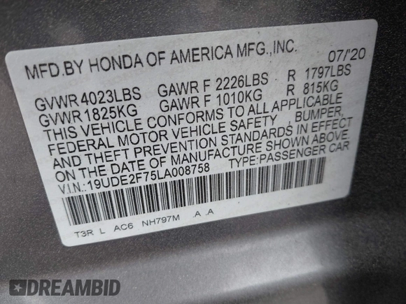 2020 Acura ILX Premium with VIN 19UDE2F75LA008758, listed as a IAAI auction lot 41848358 with 75,318 mi miles and . Bid and sale history available at DreamBid. Image 9.