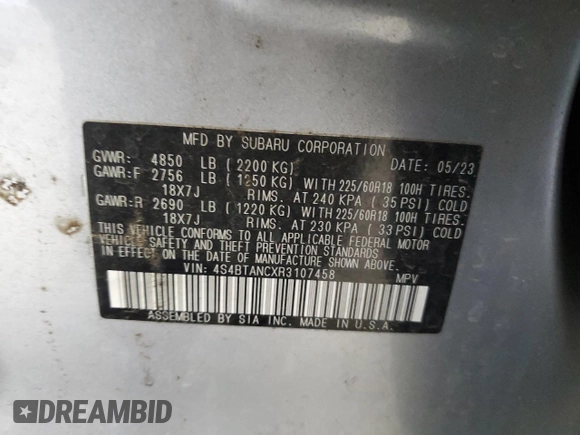 2024 Subaru Outback Limited с VIN 4S4BTANCXR3107458, выставлен на аукционе Copart как лот 60902445 с пробегом 63 764 миль миль и Списание • Salvage title. История ставок и продаж доступна на DreamBid. Изображение 12.