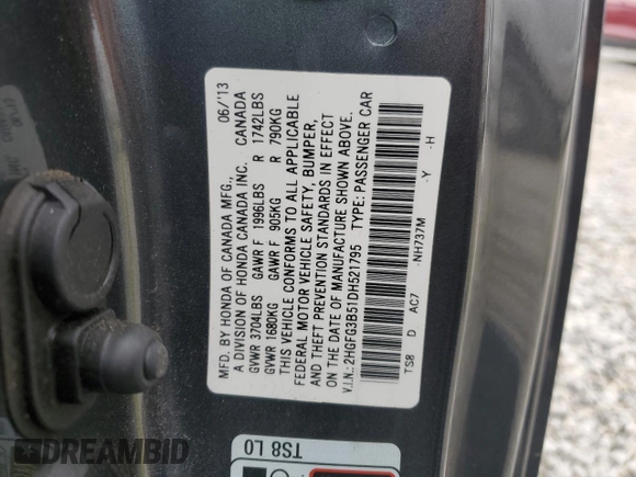 2013 Honda Civic Cpe LX with VIN 2HGFG3B51DH521795, listed as a Copart auction lot 43772055 with 83,740 mi miles and Salvage Title. Bid and sale history available at carsss.com. Image 15.