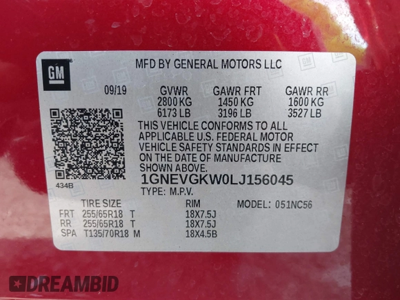 2020 Chevrolet Traverse LT Cloth with VIN 1GNEVGKW0LJ156045, listed as a IAAI auction lot 42050791 with 98,250 mi miles and . Bid and sale history available at DreamBid. Image 9.