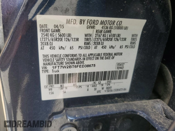 2015 Ford F-250 Lariat with VIN 1FT7W2BT6FED38675, listed as a Copart auction lot 62447735 with 119,441 mi miles and Salvage title. Bid and sale history available at DreamBid. Image 13.