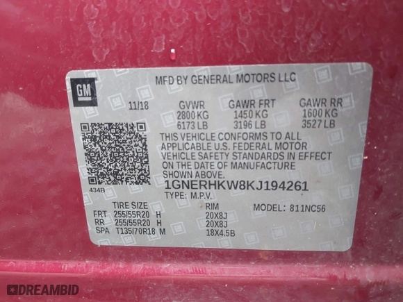 2019 Chevrolet Traverse LT Leather with VIN 1GNERHKW8KJ194261, listed as a IAAI auction lot 41487185 with 92,064 mi miles. Bid and sale history available at carsss.com. Image 9.
