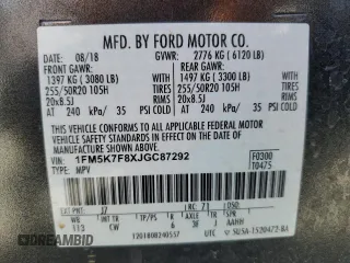2018 Ford Explorer Limited с VIN 1FM5K7F8XJGC87292, выставлен на аукционе Copart как лот 61228065 с пробегом 85 275 миль миль и Списание • Salvage title. История ставок и продаж доступна на DreamBid. Изображение 14.