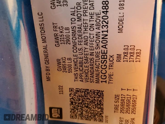 2022 Chevrolet Colorado 2WD Work Truck with VIN 1GCGSBEA0N1320488, listed as a Copart auction lot 51706655 with 65,119 mi miles and Salvage title. Bid and sale history available at DreamBid. Image 14.