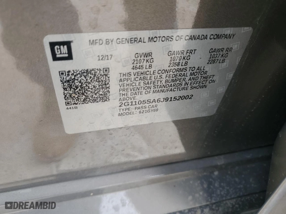 2018 Chevrolet Impala LT with VIN 2G1105SA6J9152002, listed as a Copart auction lot 44570565 with 120,488 mi miles and Salvage Title. Bid and sale history available at carsss.com. Image 12.
