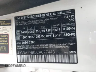 2012 Mercedes-Benz M ML 350 with VIN 4JGDA5HB5CA077443, listed as a IAAI auction lot 42093345 with 122,147 mi miles. Bid and sale history available at carsss.com. Image 9.