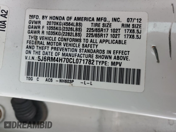 2012 Honda CR-V EX-L with VIN 5J6RM4H70CL071782, listed as a Copart auction lot 63779975 with 129,171 mi miles and Salvage title. Bid and sale history available at DreamBid. Image 13.