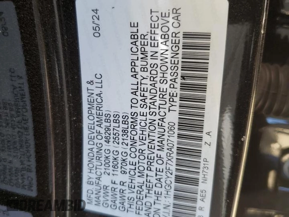 2024 Honda Accord Sport-L with VIN 1HGCY2F7XRA071060, listed as a Copart auction lot 57798775 with 37,078 mi miles and Salvage title. Bid and sale history available at DreamBid. Image 12.