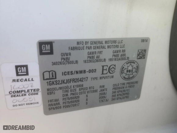 2015 GMC Yukon XL Denali with VIN 1GKS2JKJ6FR264217, listed as a Copart auction lot 49255285 with 166,307 mi miles and Salvage Title. Bid and sale history available at carsss.com. Image 13.