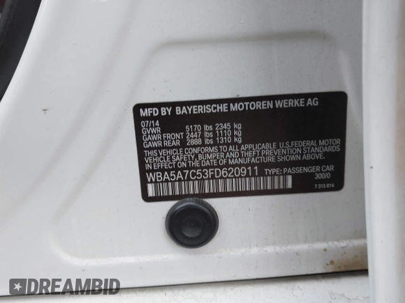 2015 BMW 5 Series 528i xDrive with VIN WBA5A7C53FD620911, listed as a IAAI auction lot 42056761 with 140,757 mi miles and . Bid and sale history available at DreamBid. Image 9.
