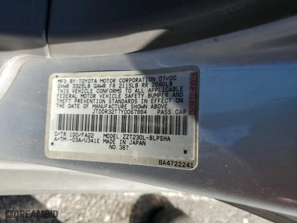 2000 Toyota Celica GT with VIN JTDDR32T7Y0067884, listed as a Copart auction lot 47784165 with 178,008 mi miles and Clean Title. Bid and sale history available at carsss.com. Image 12.