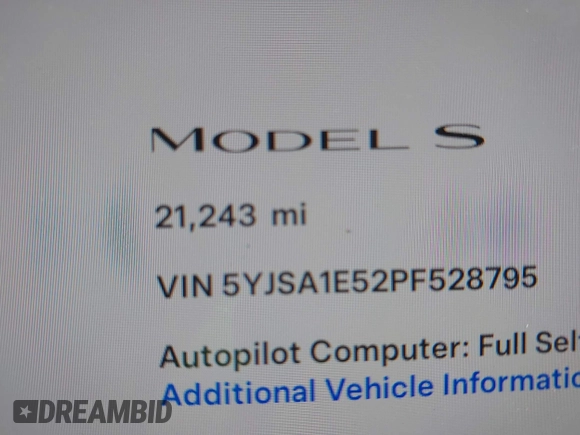 2023 Tesla Model S with VIN 5YJSA1E52PF528795, listed as a IAAI auction lot 42110660 with 21,243 mi miles and . Bid and sale history available at DreamBid. Image 15.
