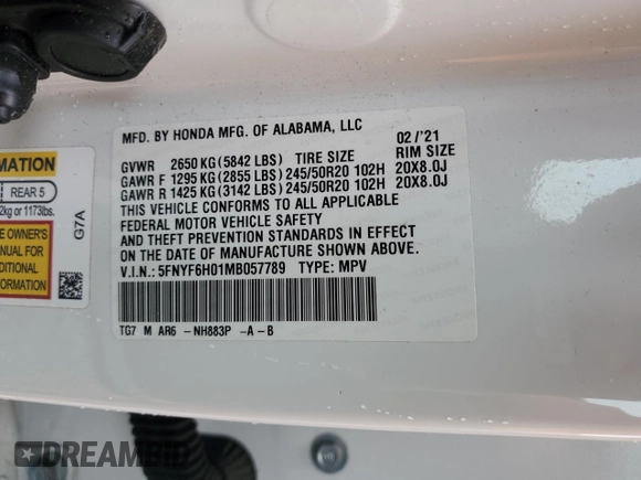 2021 Honda Pilot Elite with VIN 5FNYF6H01MB057789, listed as a Copart auction lot 58543815 with 60,602 mi miles and Salvage title. Bid and sale history available at DreamBid. Image 14.