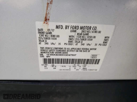 2017 Ford Explorer XLT with VIN 1FM5K8D80HGD47597, listed as a Copart auction lot 50251725 with 132,676 mi miles and Salvage Title. Bid and sale history available at DreamBid. Image 13.