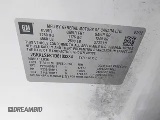 2013 GMC Terrain SLE with VIN 2GKALSEK1D6103334, listed as a IAAI auction lot 42053330 with 225,391 mi miles and . Bid and sale history available at DreamBid. Image 9.