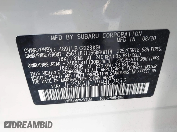 2021 Subaru Forester Limited with VIN JF2SKAUC7MH402832, listed as a IAAI auction lot 41995088 with 62,948 mi miles and . Bid and sale history available at DreamBid. Image 9.