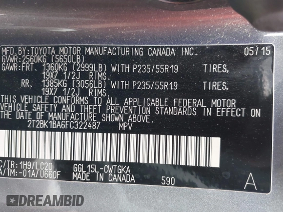 2015 Lexus RX 350 with VIN 2T2BK1BA6FC322487, listed as a IAAI auction lot 42098072 with 94,994 mi miles and . Bid and sale history available at DreamBid. Image 9.