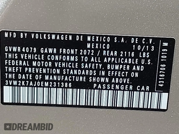 2014 Volkswagen Jetta S z VIN 3VW2K7AJ0EM231386, wystawiony jako IAAI lot #42229963 z przebiegiem 105 432 mil mil oraz . Historia ofert i sprzedaży dostępna na DreamBid. Obrazek 9.