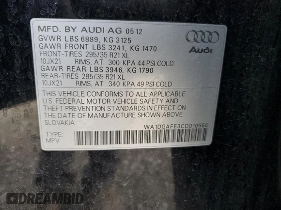 2012 Audi Q7 3.0T S line with VIN WA1DGAFE3CD010566, listed as a Copart auction lot 42856445 with 118,687 mi miles and Clean Title. Bid and sale history available at carsss.com. Image 13.