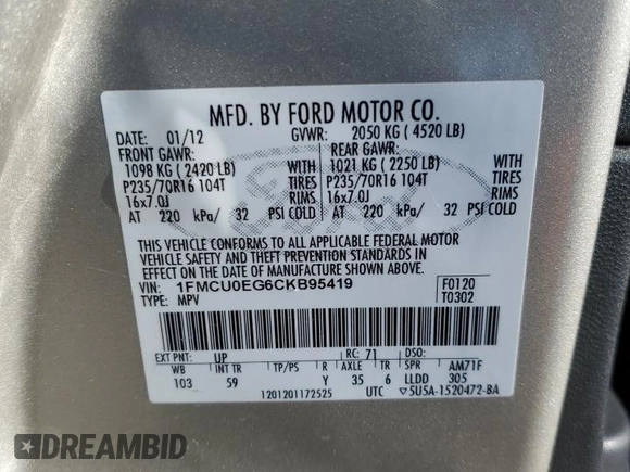 2012 Ford Escape Limited with VIN 1FMCU0EG6CKB95419, listed as a Copart auction lot 84207334 with 80,486 mi miles and Salvage Title. Bid and sale history available at DreamBid. Image 16.
