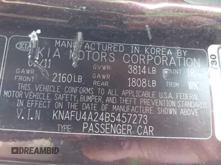 2011 Kia Forte EX with VIN KNAFU4A24B5457273, listed as a IAAI auction lot 41918785 with 172,687 mi miles. Bid and sale history available at carsss.com. Image 9.