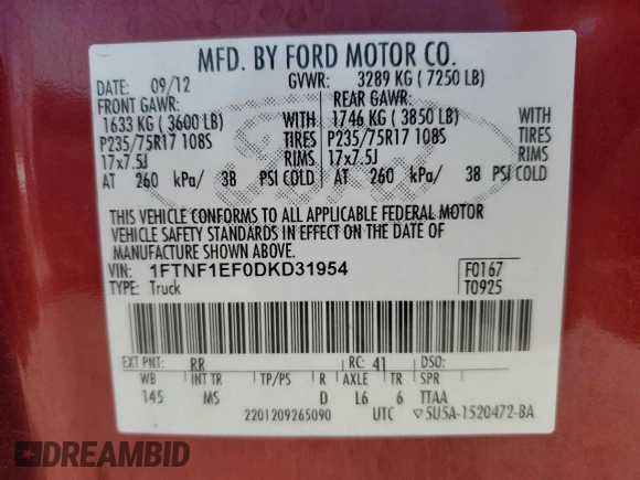 2013 Ford F-150 XL with VIN 1FTNF1EF0DKD31954, listed as a Copart auction lot 47823055 with 110,955 mi miles and Salvage title. Bid and sale history available at DreamBid. Image 14.