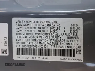 2025 Honda Civic Sport z VIN 2HGFE2F56SH502604, wystawiony jako Copart lot #49103395 z przebiegiem Nie podano mil oraz Szkoda całkowita • Salvage title. Historia ofert i sprzedaży dostępna na DreamBid. Obrazek 14.